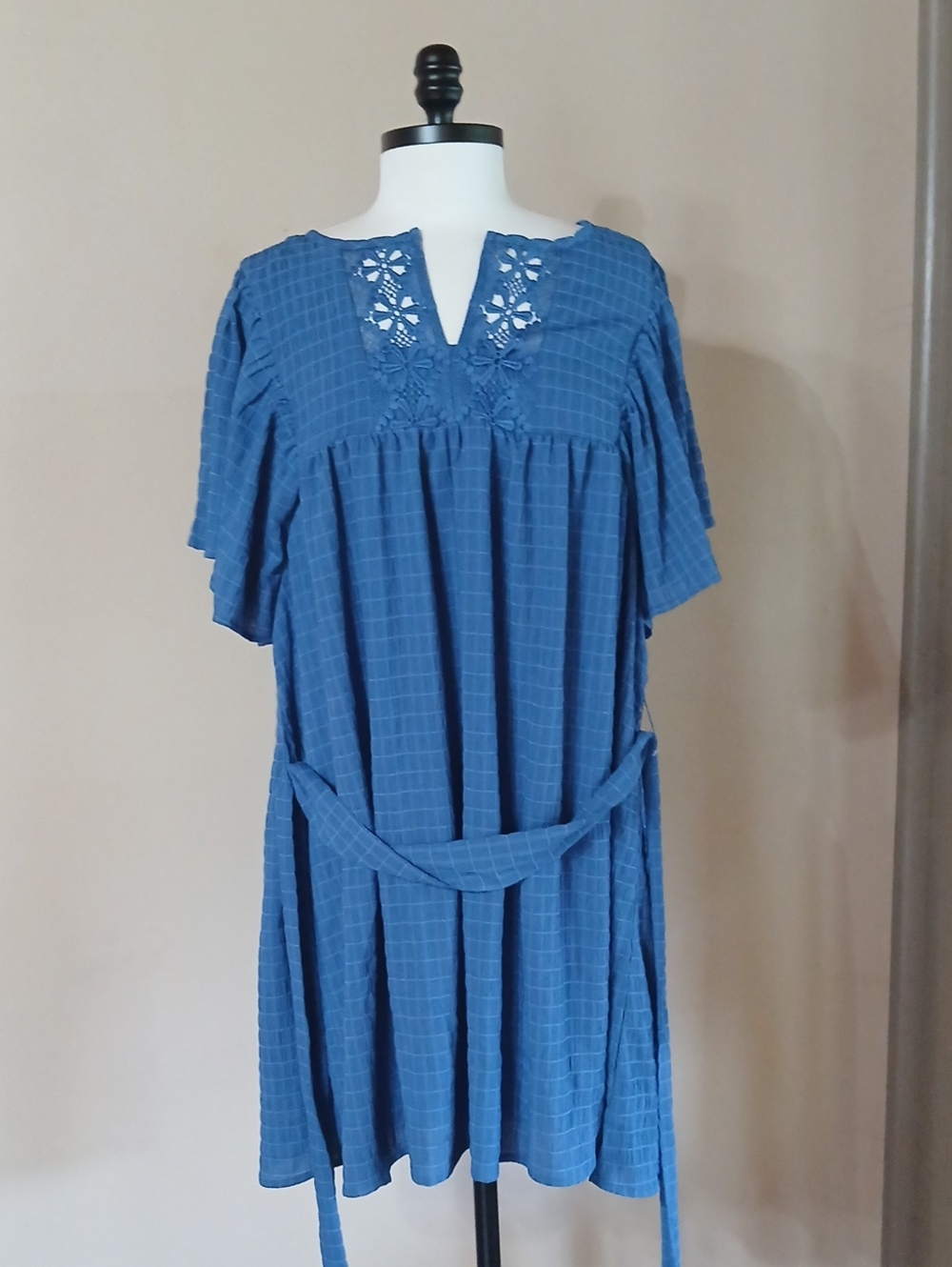 Blue Embroidered Midi Dress with Tie Waist